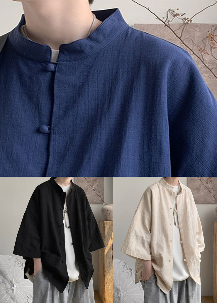 Plus Size Navy Stand Collar Button Linen Shirt Men Fall