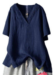 Plus Size Navy V Neck Wrinkled Linen Tank Summer