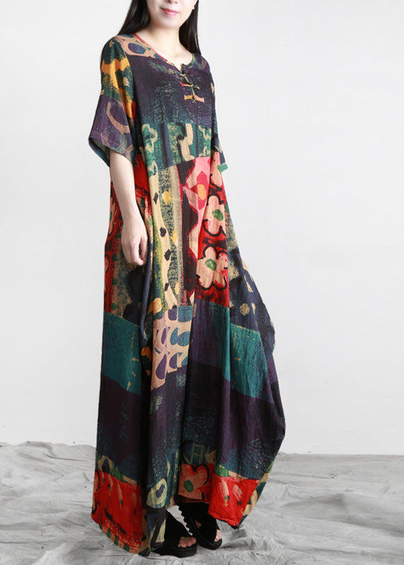 Plus Size O-Neck Print Button Maxi Dress Summer