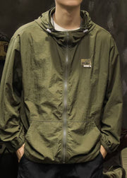 Plus Size Olive Green Hooded Zippered Pockets Mens Coats Summer