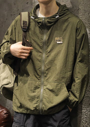 Plus Size Olive Green Hooded Zippered Pockets Mens Coats Summer