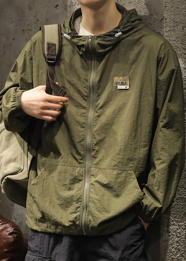 Plus Size Olive Green Hooded Zippered Pockets Mens Coats Summer