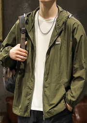 Plus Size Olive Green Hooded Zippered Pockets Mens Coats Summer