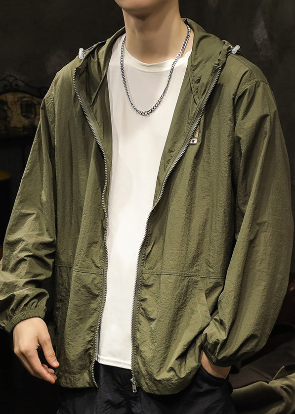 Plus Size Olive Green Hooded Zippered Pockets Mens Coats Summer
