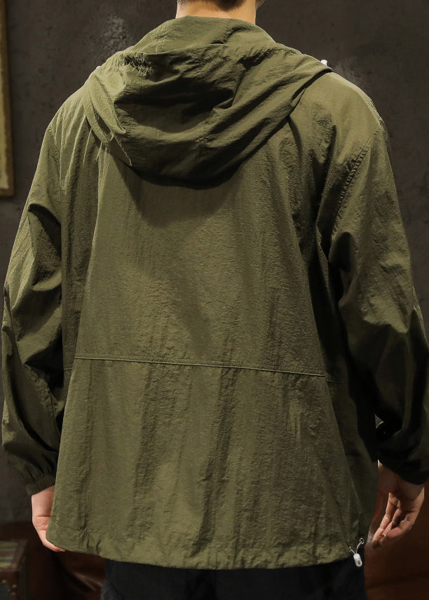 Plus Size Olive Green Hooded Zippered Pockets Mens Coats Summer