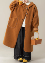 Plus Size Orange Hooded Button Pockets Teddy Faux Fur Coats Winter