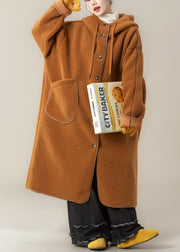 Plus Size Orange Hooded Button Pockets Teddy Faux Fur Coats Winter