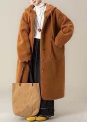 Plus Size Orange Hooded Button Pockets Teddy Faux Fur Coats Winter