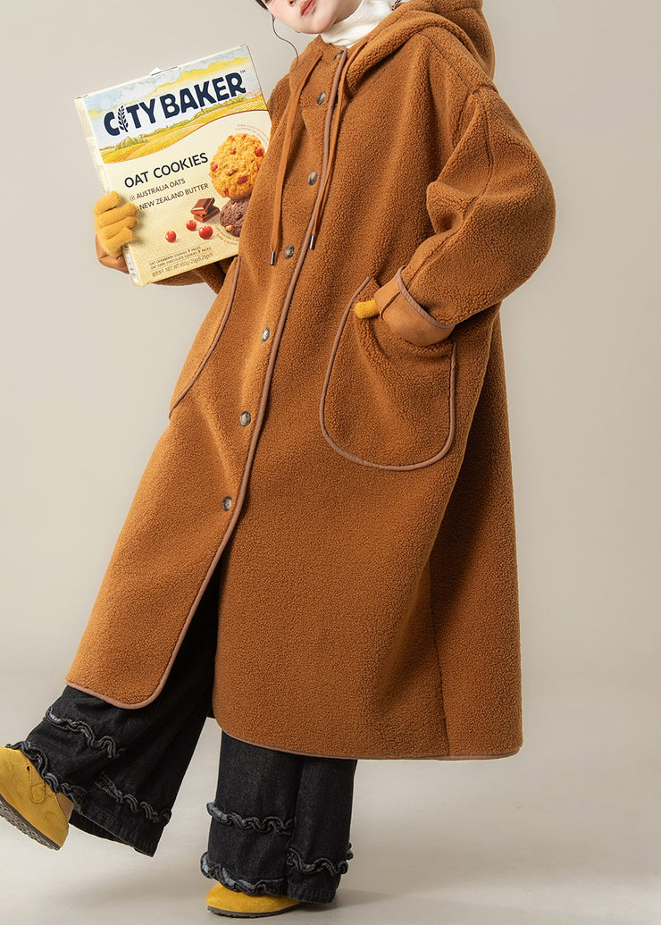 Plus Size Orange Hooded Button Pockets Teddy Faux Fur Coats Winter