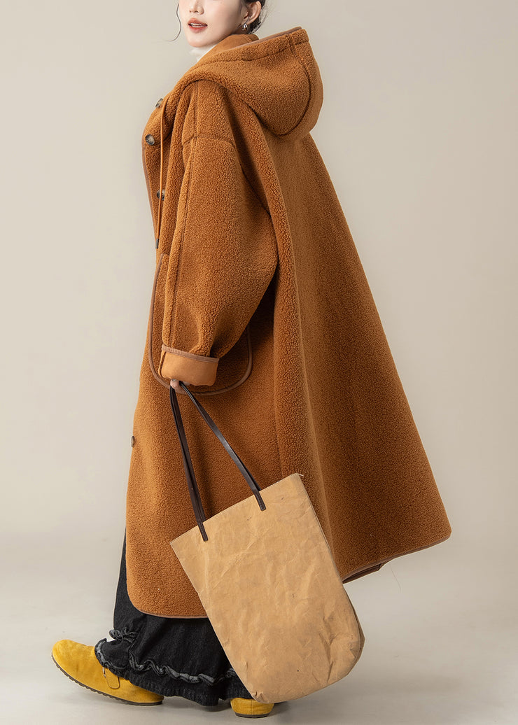 Plus Size Orange Hooded Button Pockets Teddy Faux Fur Coats Winter