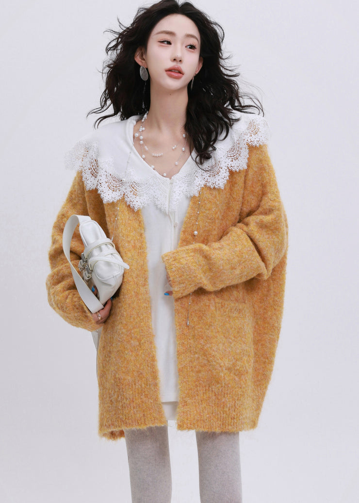 Plus Size Orange Oversized Pockets Knit Cardigans Winter