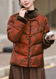 Plus Size Orange Print Chinese Button Duck Down Winter Coats Winter