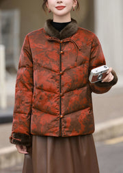 Plus Size Orange Print Chinese Button Duck Down Winter Coats Winter