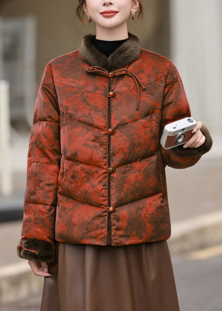 Plus Size Orange Print Chinese Button Duck Down Winter Coats Winter