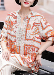 Plus Size Orange V Neck Print Chiffon Shirt Top Summer