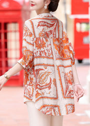 Plus Size Orange V Neck Print Chiffon Shirt Top Summer