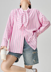 Plus Size Pink Bow Striped Button Cotton Blouse Fall
