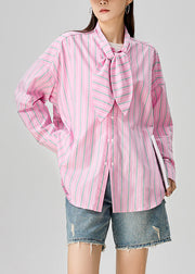 Plus Size Pink Bow Striped Button Cotton Blouse Fall