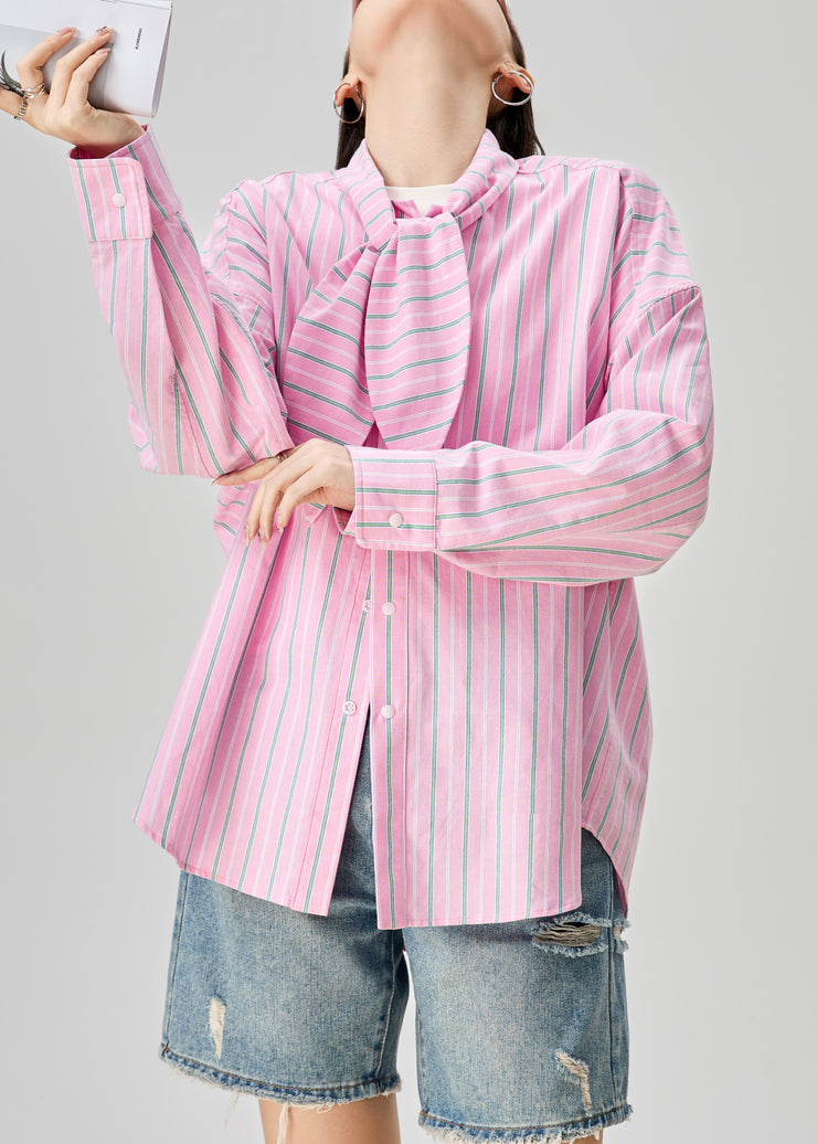Plus Size Pink Bow Striped Button Cotton Blouse Fall