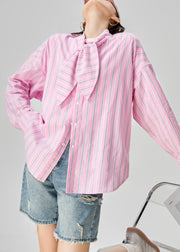 Plus Size Pink Bow Striped Button Cotton Blouse Fall