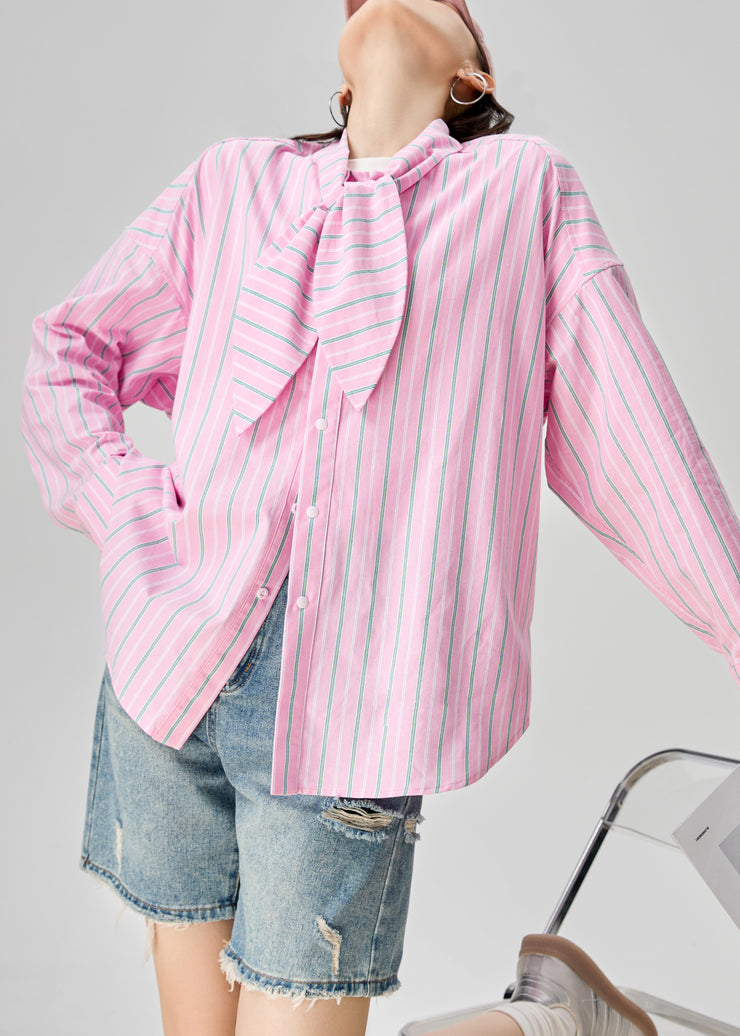 Plus Size Pink Bow Striped Button Cotton Blouse Fall