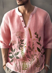 Plus Size Pink Button Print Linen Mens T Shirt Fall