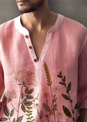 Plus Size Pink Button Print Linen Mens T Shirt Fall