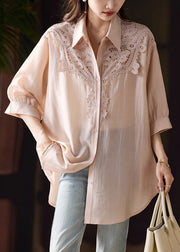 Plus Size Pink Hollow Out Lace Patchwork Cotton Blouse Fall