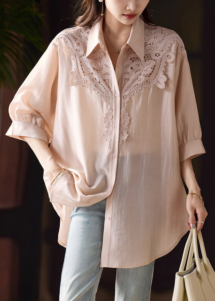 Plus Size Pink Hollow Out Lace Patchwork Cotton Blouse Fall
