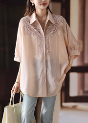 Plus Size Pink Hollow Out Lace Patchwork Cotton Blouse Fall