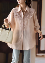 Plus Size Pink Hollow Out Lace Patchwork Cotton Blouse Fall
