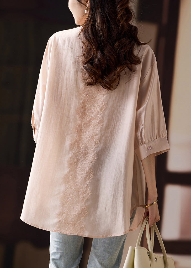 Plus Size Pink Hollow Out Lace Patchwork Cotton Blouse Fall