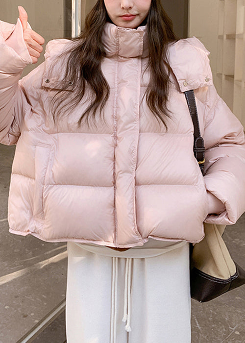 Plus Size Pink Hooded Zippered Pockets Duck Down Down Coat Winter