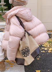 Plus Size Pink Hooded Zippered Pockets Duck Down Down Coat Winter