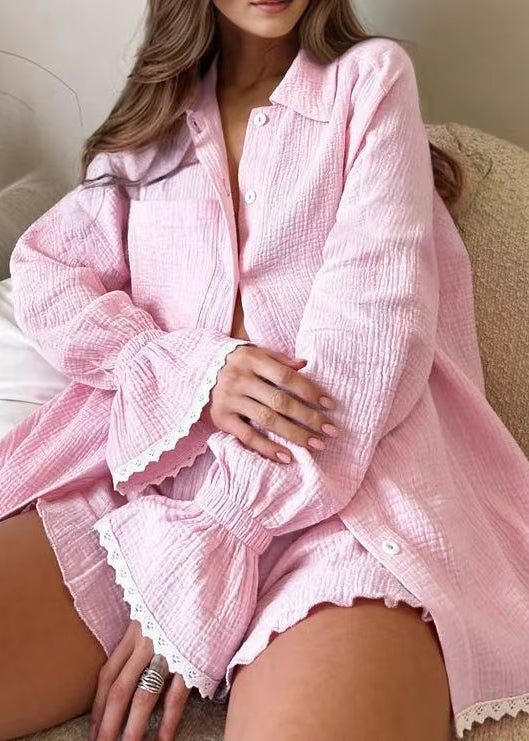 Plus Size Pink Oversized Patchwork Lace Pajama Sets Flare Sleeve