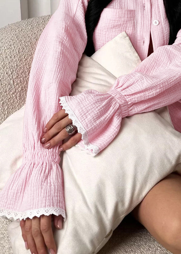 Plus Size Pink Oversized Patchwork Lace Pajama Sets Flare Sleeve