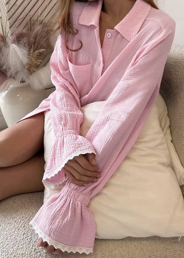 Plus Size Pink Oversized Patchwork Lace Pajama Sets Flare Sleeve