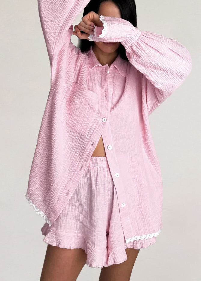 Plus Size Pink Oversized Patchwork Lace Pajama Sets Flare Sleeve