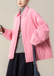 Plus Size Pink Peter Pan Collar Pockets Cotton Filled Shirts Coats Winter