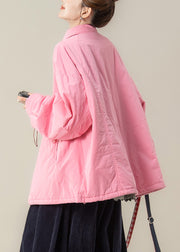 Plus Size Pink Peter Pan Collar Pockets Cotton Filled Shirts Coats Winter