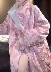 Plus Size Pink Stand Collar Print Cotton Filled Long Parka Winter