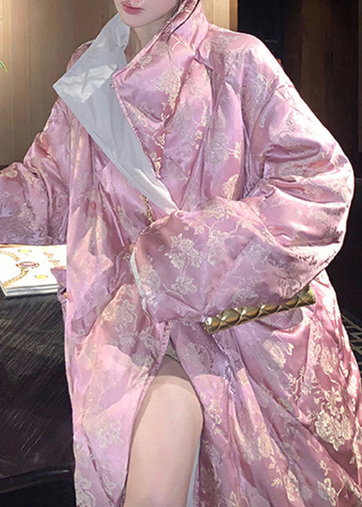 Plus Size Pink Stand Collar Print Cotton Filled Long Parka Winter