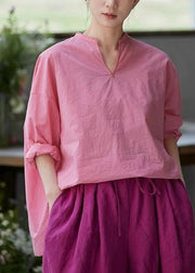 Plus Size Pink V Neck Side Open Solid Cotton Blouses Fall