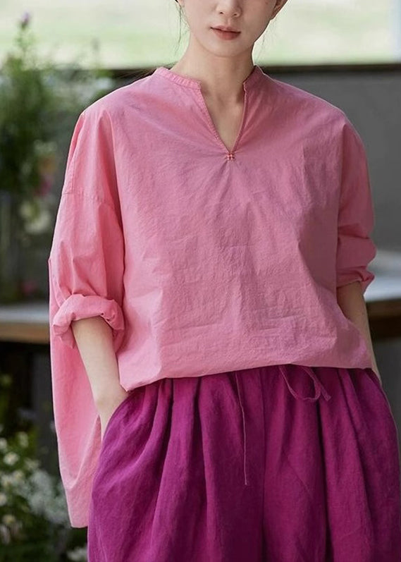 Plus Size Pink V Neck Side Open Solid Cotton Blouses Fall