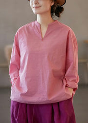 Plus Size Pink V Neck Side Open Solid Cotton Blouses Fall