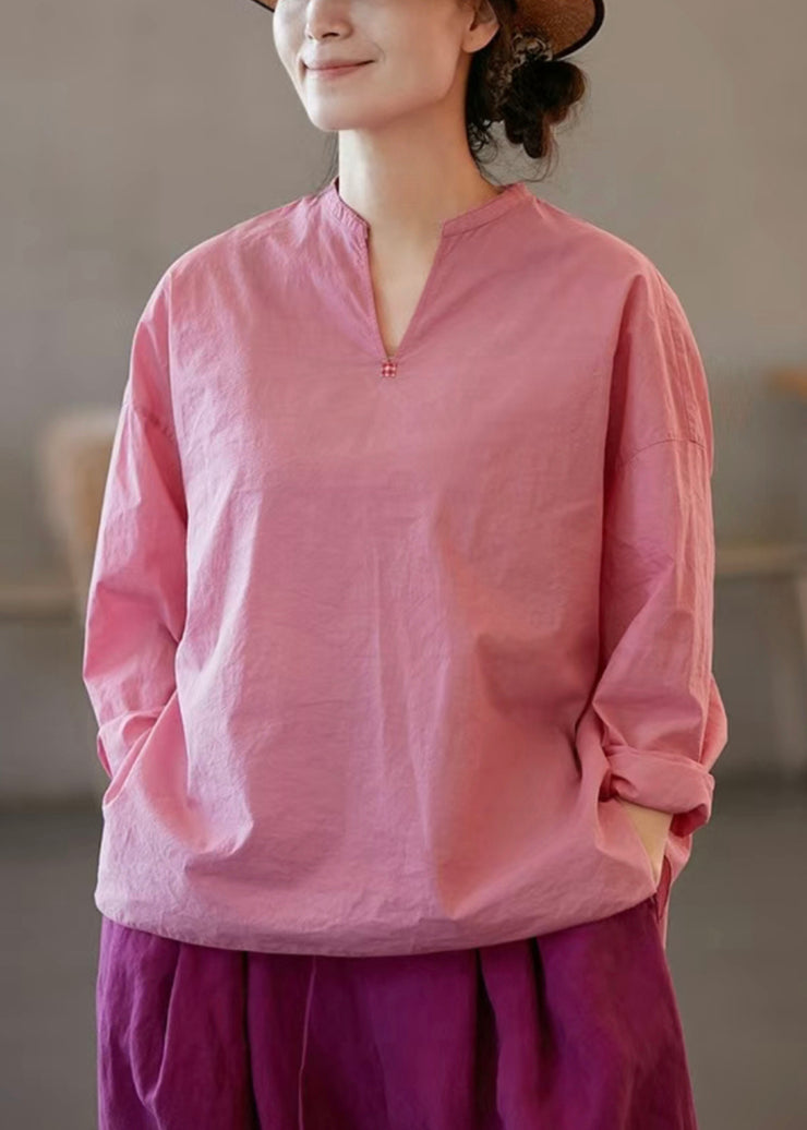 Plus Size Pink V Neck Side Open Solid Cotton Blouses Fall