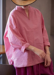Plus Size Pink V Neck Side Open Solid Cotton Blouses Fall
