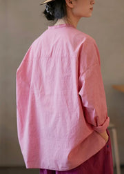 Plus Size Pink V Neck Side Open Solid Cotton Blouses Fall