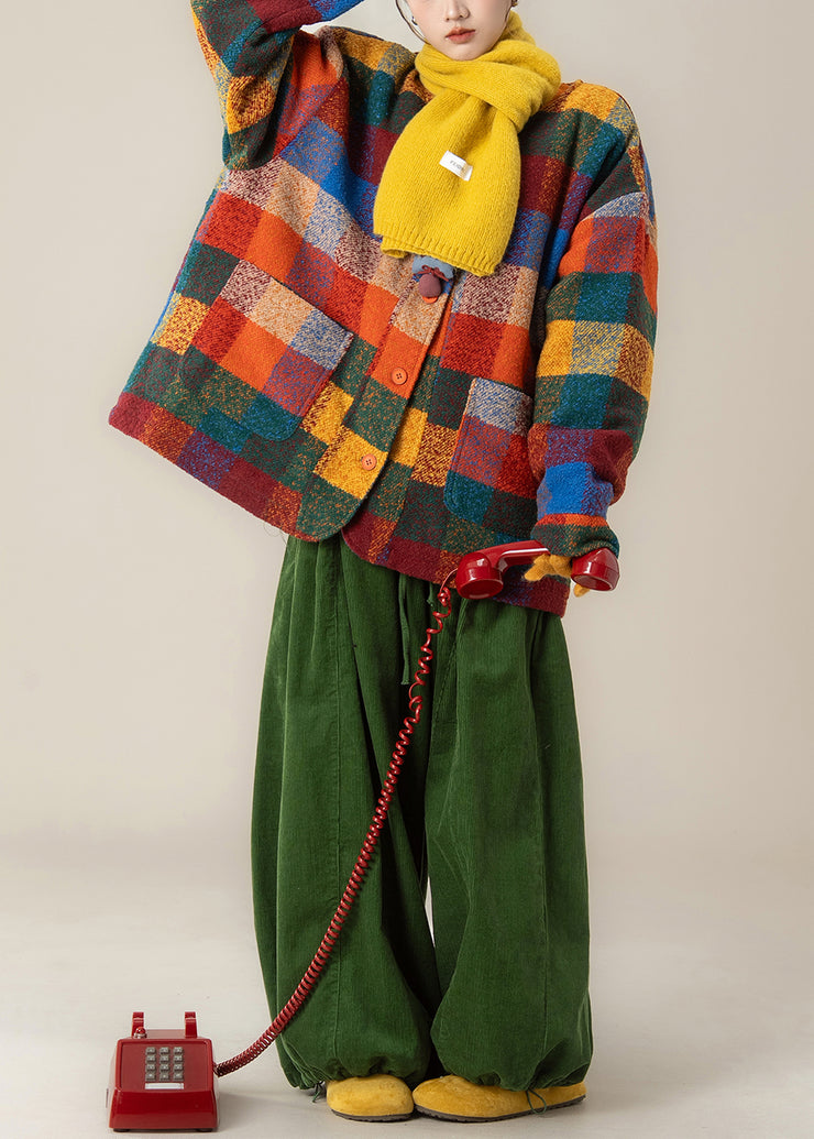 Plus Size Plaid Pockets Woolen Coat And Green Pants Two Pieces Set Winter