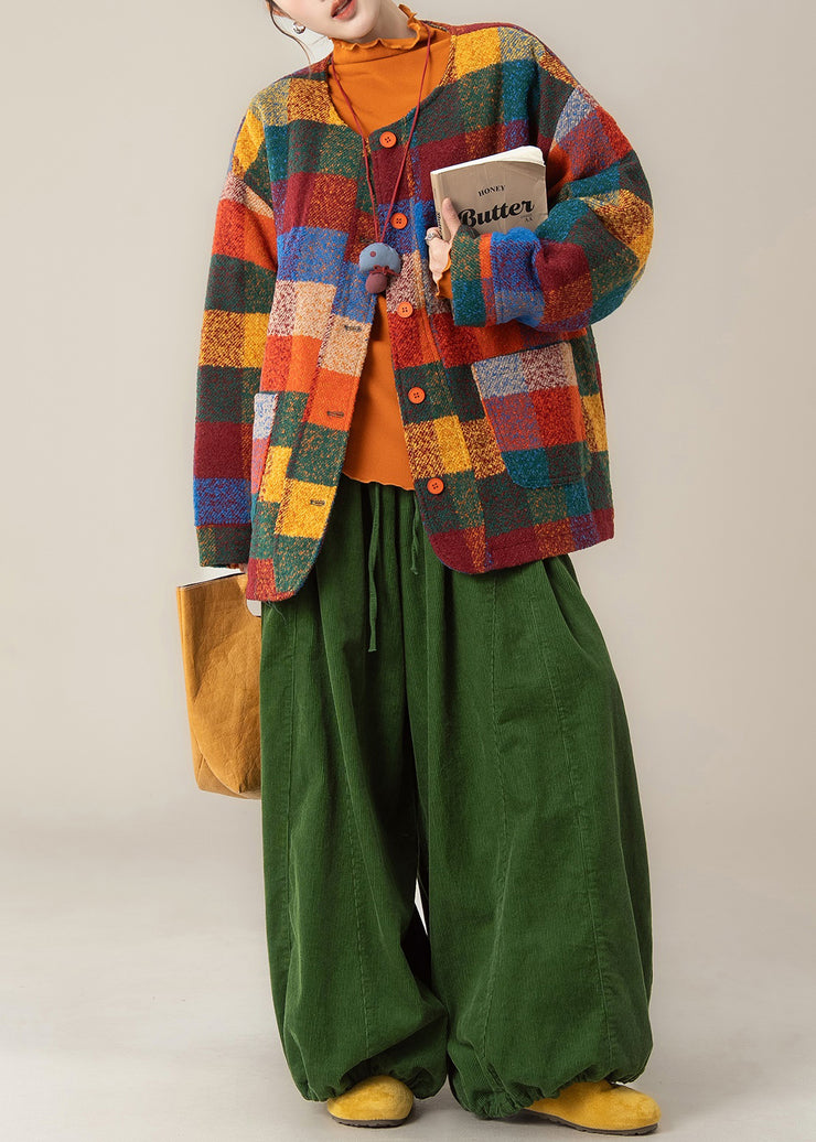 Plus Size Plaid Pockets Woolen Coat And Green Pants Two Pieces Set Winter